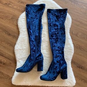 Carlos Santana Over the Knee Blue Velvet Heeled Boots Sz 10